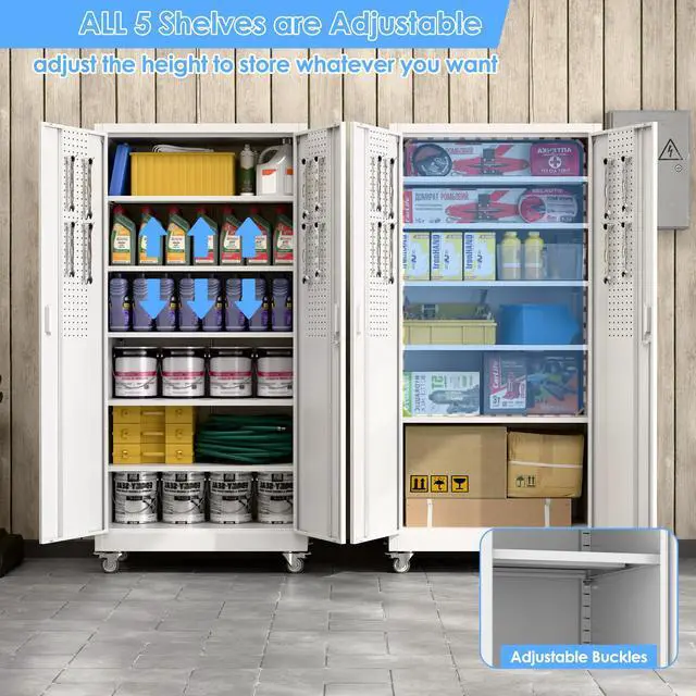 Alt view image 4 of 6 - Upgrade 71H''*32''W*16''D Metal Garage Storage Cabinet with Wheels and Pegboards, 5 Adjustable Shelves Steel Storage Cabinets for Home,Warehouse,Garage,Assembly Required,White