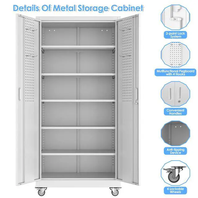 Alt view image 6 of 6 - Upgrade 71H''*32''W*16''D Metal Garage Storage Cabinet with Wheels and Pegboards, 5 Adjustable Shelves Steel Storage Cabinets for Home,Warehouse,Garage,Assembly Required,White