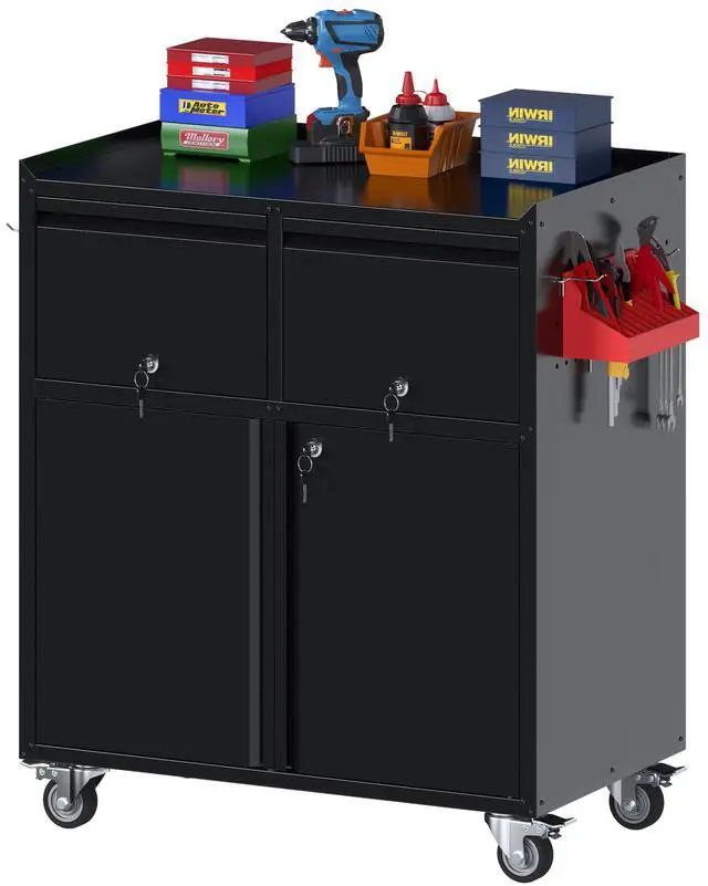 Main image of Rolling Metal Garage Cabinet, Lockable Storage Cabinet with 2 Drawers, Pegboards, Hooks & Wheels, Heavy Duty Steel Utility Cabinet for Garage, Workshop, Home Office, Black, Assembly Required