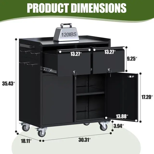 Alt view image 3 of 6 - Rolling Metal Garage Cabinet, Lockable Storage Cabinet with 2 Drawers, Pegboards, Hooks & Wheels, Heavy Duty Steel Utility Cabinet for Garage, Workshop, Home Office, Black, Assembly Required
