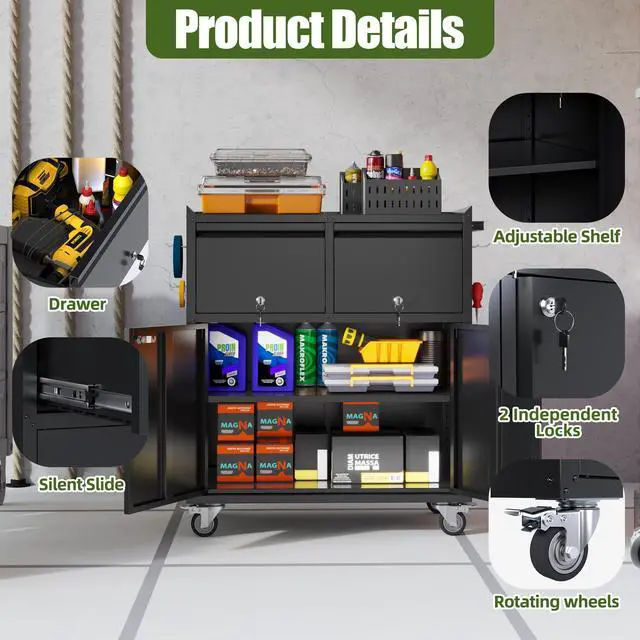 Alt view image 4 of 6 - Rolling Metal Garage Cabinet, Lockable Storage Cabinet with 2 Drawers, Pegboards, Hooks & Wheels, Heavy Duty Steel Utility Cabinet for Garage, Workshop, Home Office, Black, Assembly Required