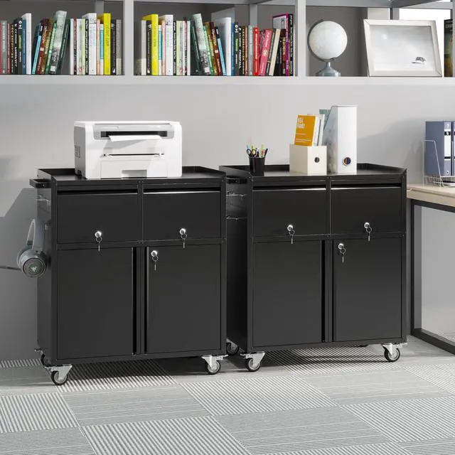 Alt view image 5 of 6 - Rolling Metal Garage Cabinet, Lockable Storage Cabinet with 2 Drawers, Pegboards, Hooks & Wheels, Heavy Duty Steel Utility Cabinet for Garage, Workshop, Home Office, Black, Assembly Required