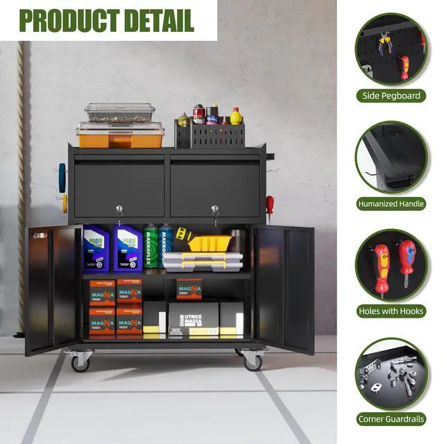 Alt view image 6 of 6 - Rolling Metal Garage Cabinet, Lockable Storage Cabinet with 2 Drawers, Pegboards, Hooks & Wheels, Heavy Duty Steel Utility Cabinet for Garage, Workshop, Home Office, Black, Assembly Required