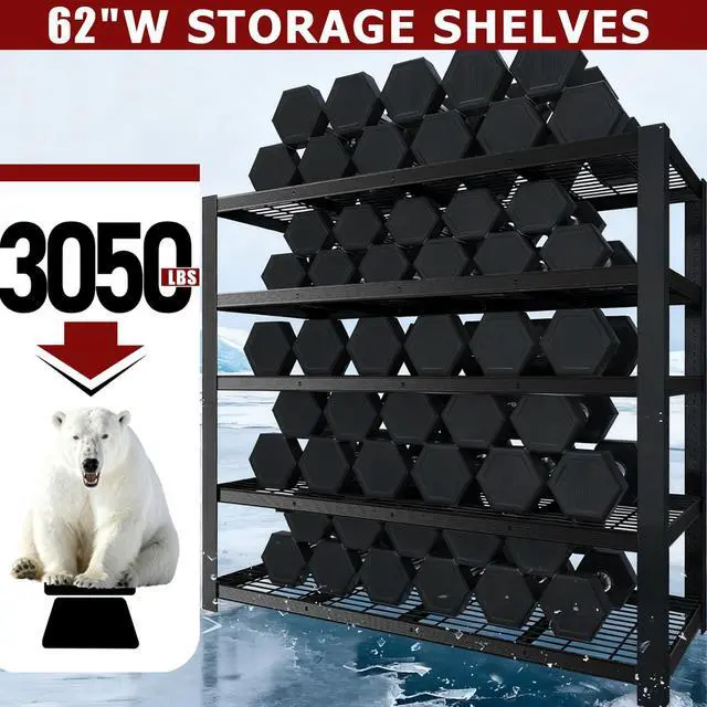 Alt view image 4 of 6 - 62" W 3050LBS Storage Shelves Unit,5 Tier Heavy Duty Metal Shelving Unit and Storage Large Rack,72" H x62 W x24 D Adjustable Metal Shelving Unit,Garage Shelves for Basement,Warehouse