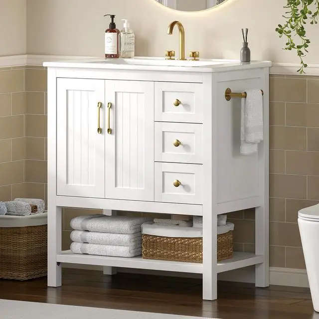Main image of 30'' Bathroom Vanity with Sink & Towel Holder, Modern Bathroom Sink Cabinet with 3 Drawers, Open Compartment & Adjustable Shelf, Wood Freestanding Bathroom Cabinet with Ceramic Sink, White