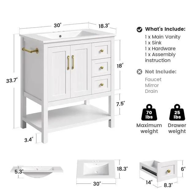 Alt view image 2 of 6 - 30'' Bathroom Vanity with Sink & Towel Holder, Modern Bathroom Sink Cabinet with 3 Drawers, Open Compartment & Adjustable Shelf, Wood Freestanding Bathroom Cabinet with Ceramic Sink, White