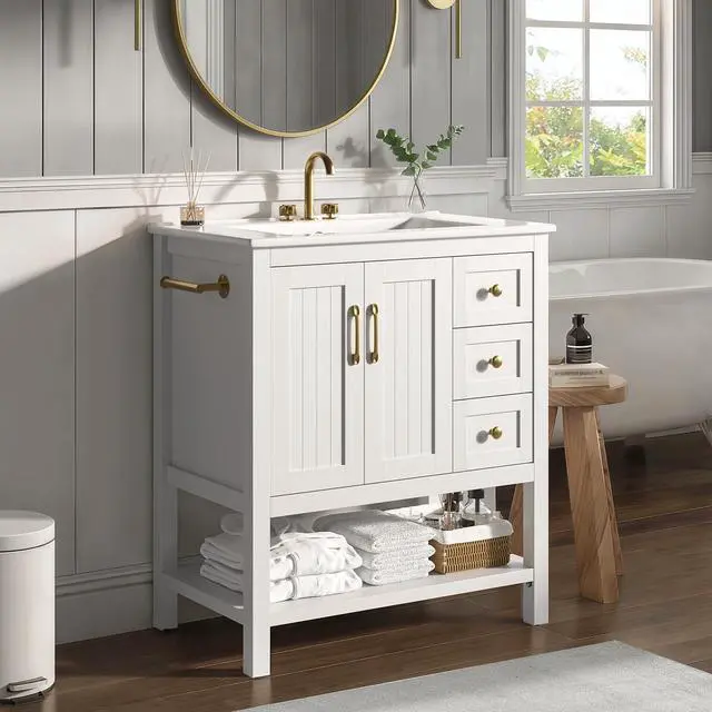Alt view image 3 of 6 - 30'' Bathroom Vanity with Sink & Towel Holder, Modern Bathroom Sink Cabinet with 3 Drawers, Open Compartment & Adjustable Shelf, Wood Freestanding Bathroom Cabinet with Ceramic Sink, White