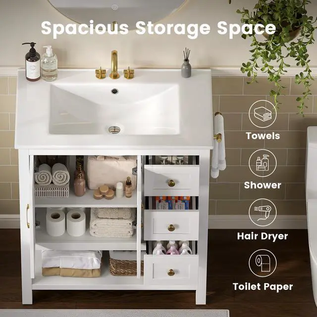 Alt view image 4 of 6 - 30'' Bathroom Vanity with Sink & Towel Holder, Modern Bathroom Sink Cabinet with 3 Drawers, Open Compartment & Adjustable Shelf, Wood Freestanding Bathroom Cabinet with Ceramic Sink, White