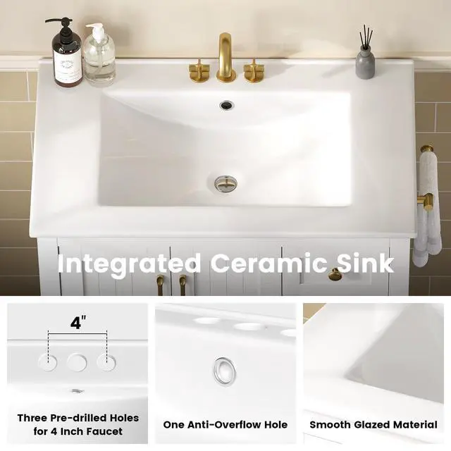 Alt view image 5 of 6 - 30'' Bathroom Vanity with Sink & Towel Holder, Modern Bathroom Sink Cabinet with 3 Drawers, Open Compartment & Adjustable Shelf, Wood Freestanding Bathroom Cabinet with Ceramic Sink, White