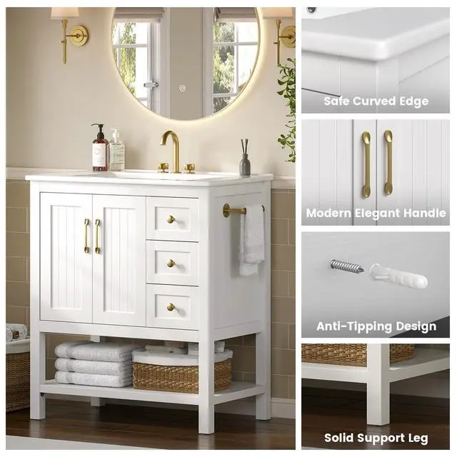 Alt view image 6 of 6 - 30'' Bathroom Vanity with Sink & Towel Holder, Modern Bathroom Sink Cabinet with 3 Drawers, Open Compartment & Adjustable Shelf, Wood Freestanding Bathroom Cabinet with Ceramic Sink, White