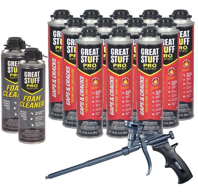 Main image of Gaps & Cracks 24 oz Complete Kit 12-Pack Foam Sealant with AWF PRO 8 in PTFE Coated Professional Spray Foam Gun & 2 Cans of Cleaner
