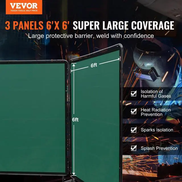 Alt view image 2 of 6 - Welding Screen with Frame, 6' x 6' 3 Panel Welding Curtain Screens, Flame-Resistant Vinyl Welding Protection Screen on 12 Swivel Wheels (6 Lockable), Movable & Professional for Workshop, Green