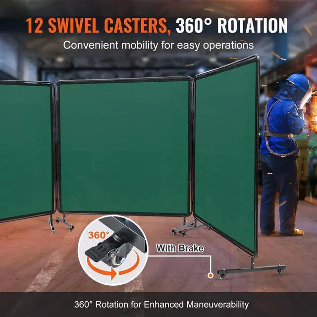 Alt view image 3 of 6 - Welding Screen with Frame, 6' x 6' 3 Panel Welding Curtain Screens, Flame-Resistant Vinyl Welding Protection Screen on 12 Swivel Wheels (6 Lockable), Movable & Professional for Workshop, Green