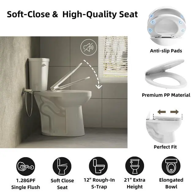 Alt view image 4 of 6 - Tall Toilets For Seniors 21 Inch, Comfort & High Toilet, Elongated Bowl and Soft-Close Seat, 1.28 GPF Extra Tall Handicap Toilet with Efficient Siphonic Flush & 12" Rough-In