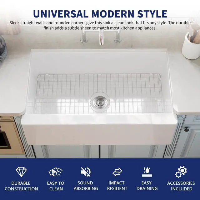 Alt view image 2 of 6 - 33" L x 20" W White Farmhouse Kitchen Sink Fireclay Apron Front Undermount Farm Sink Single Bowl Pure White Farmer Sink Large Capacity Deep Kitchen Sink with Accessories