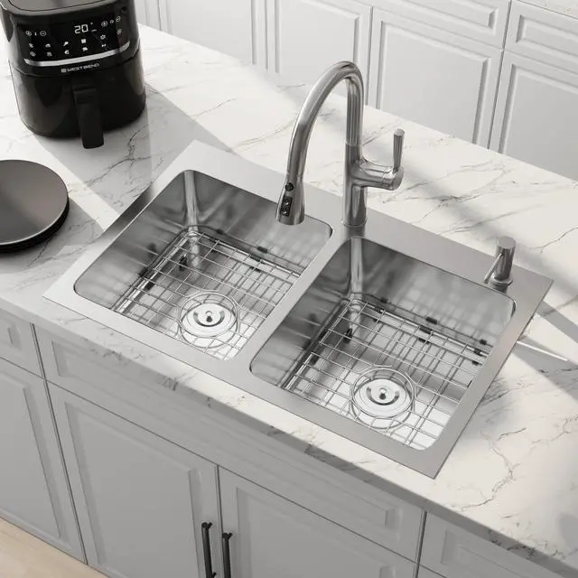 Main image of 33x22 Drop In Double Bowl 33 Inch Topmount 50/50 Kitchen Sink | 304 Stainless Steel, 18 Gauge Thickness, Commercial Grade Satin Finish, Strainer & Grid Included, 33" x 22" x 9"
