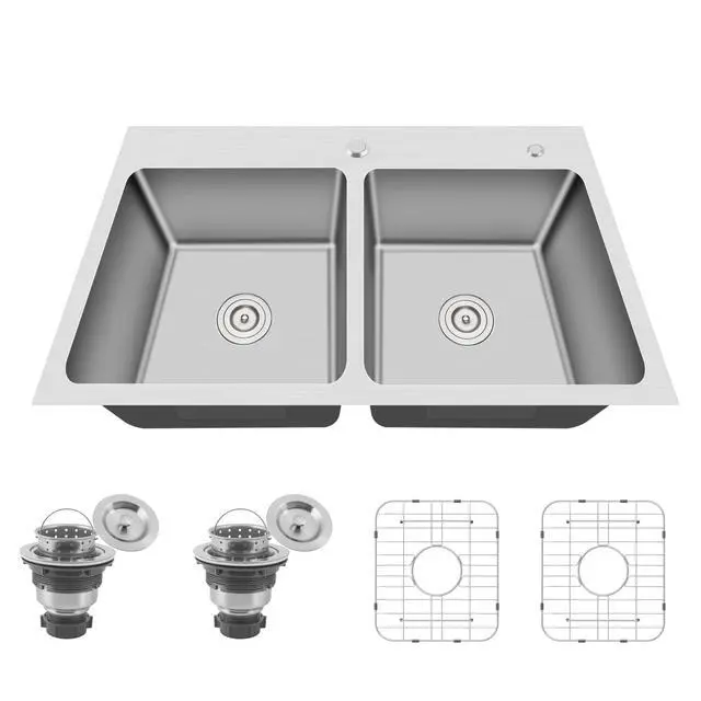 Alt view image 2 of 6 - 33x22 Drop In Double Bowl 33 Inch Topmount 50/50 Kitchen Sink | 304 Stainless Steel, 18 Gauge Thickness, Commercial Grade Satin Finish, Strainer & Grid Included, 33" x 22" x 9"