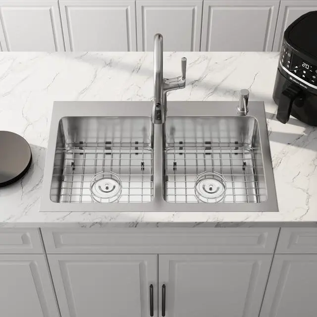 Alt view image 3 of 6 - 33x22 Drop In Double Bowl 33 Inch Topmount 50/50 Kitchen Sink | 304 Stainless Steel, 18 Gauge Thickness, Commercial Grade Satin Finish, Strainer & Grid Included, 33" x 22" x 9"