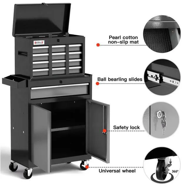 Alt view image 2 of 6 - Tool Chest 7-Drawer | 40'' H Rolling Tool Chest with Wheels | Detachable Top Metal Tool Box | Garage Storage Cabinet for Repair Room,Warehouse | Rolling Tool Box with Hooks,Liners,Tray Divider | Black