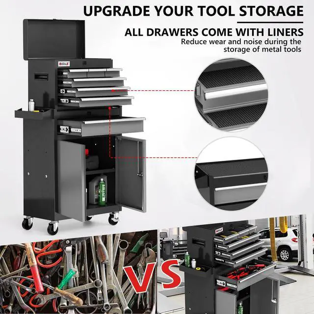 Alt view image 3 of 6 - Tool Chest 7-Drawer | 40'' H Rolling Tool Chest with Wheels | Detachable Top Metal Tool Box | Garage Storage Cabinet for Repair Room,Warehouse | Rolling Tool Box with Hooks,Liners,Tray Divider | Black
