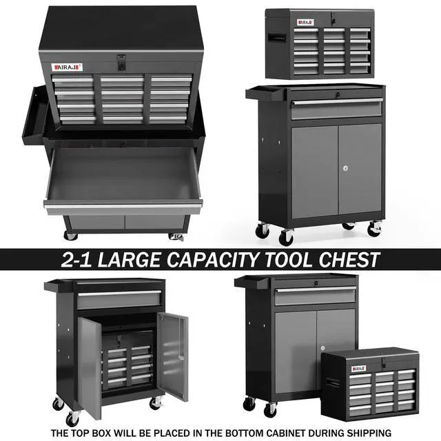 Alt view image 4 of 6 - Tool Chest 7-Drawer | 40'' H Rolling Tool Chest with Wheels | Detachable Top Metal Tool Box | Garage Storage Cabinet for Repair Room,Warehouse | Rolling Tool Box with Hooks,Liners,Tray Divider | Black