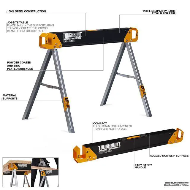 Alt view image 2 of 6 - Folding Sawhorse, Durable & Adjustable Portable Jobsite Work Support with 2x4 Lumber Compatibility for Construction, 2 Pack (TB-C500-2)