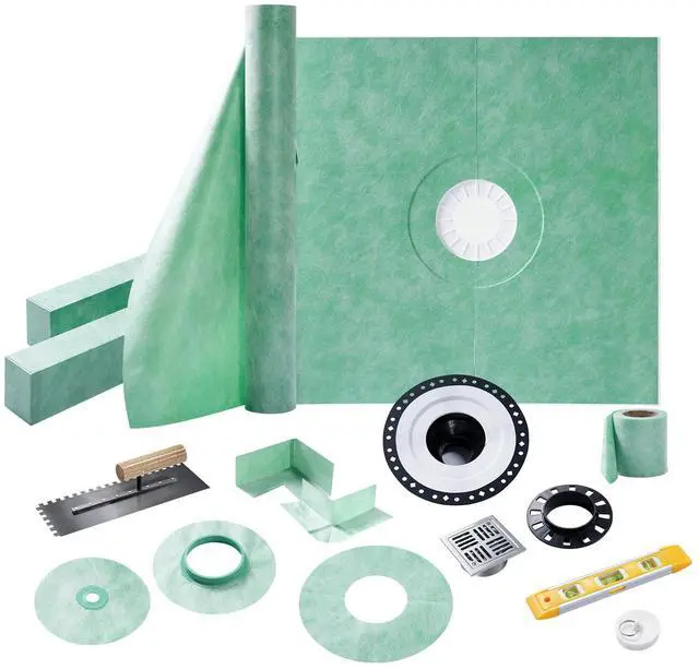 Main image of Shower Curb Kit with Complete Shower Kit- Tray, Curb, Membrane, Seals, Bonding Flange, Corners, Trowel & Level, 48" x 48" Tray, Center Outlet Position