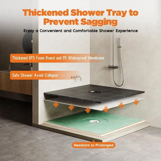 Alt view image 2 of 6 - Shower Curb Kit with Complete Shower Kit- Tray, Curb, Membrane, Seals, Bonding Flange, Corners, Trowel & Level, 48" x 48" Tray, Center Outlet Position