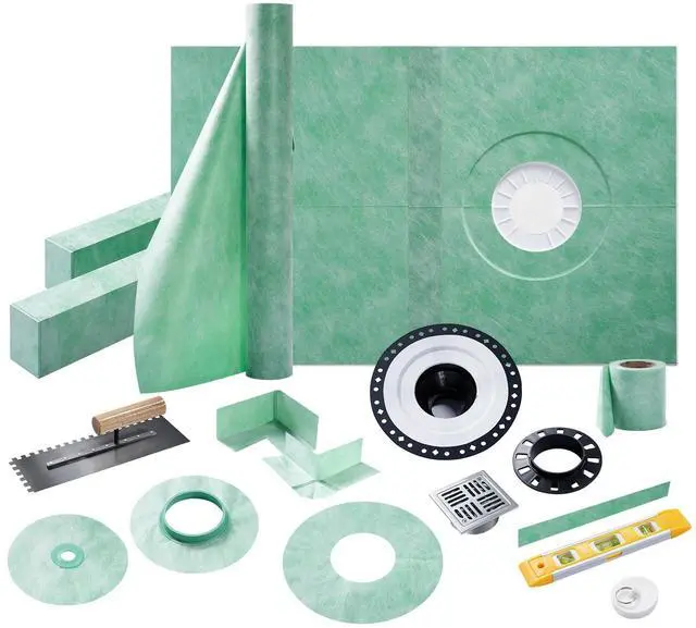 Main image of Shower Curb Kit, Complete Shower System with 38" x 60" Tray Featuring Off-Center Drain, Includes Curb, Membrane, Seals, Corners, Bonding Flange, Trowel & Level