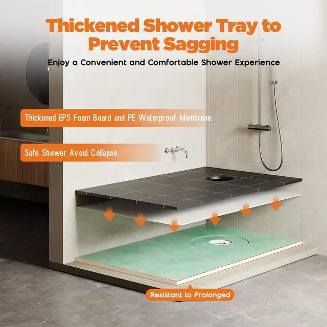 Alt view image 2 of 6 - Shower Curb Kit, Complete Shower System with 38" x 60" Tray Featuring Off-Center Drain, Includes Curb, Membrane, Seals, Corners, Bonding Flange, Trowel & Level