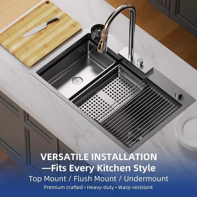 Alt view image 3 of 6 - 33 Inch Waterfall Kitchen Sink with Faucet, 33x22 Drop In Workstation Sink 18 Gauge Single Bowl Smart Basin with Cup Washer, Cutting Board & All Accessories, Right Drain, Stainless Steel
