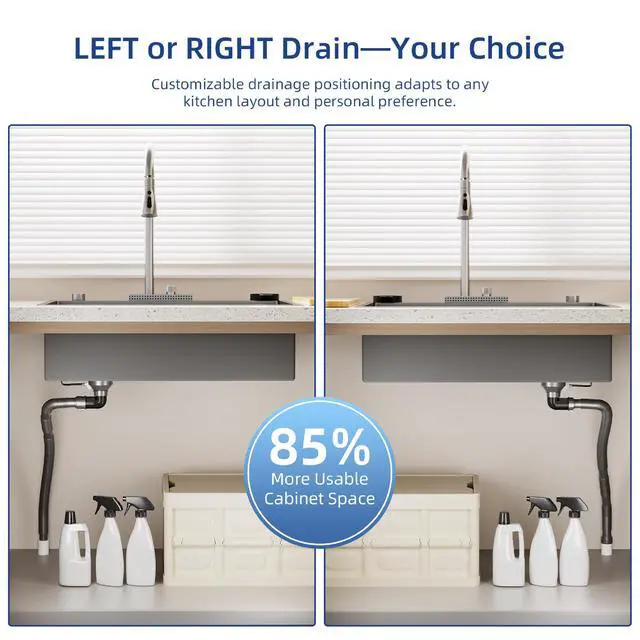 Alt view image 4 of 6 - 33 Inch Waterfall Kitchen Sink with Faucet, 33x22 Drop In Workstation Sink 18 Gauge Single Bowl Smart Basin with Cup Washer, Cutting Board & All Accessories, Right Drain, Stainless Steel