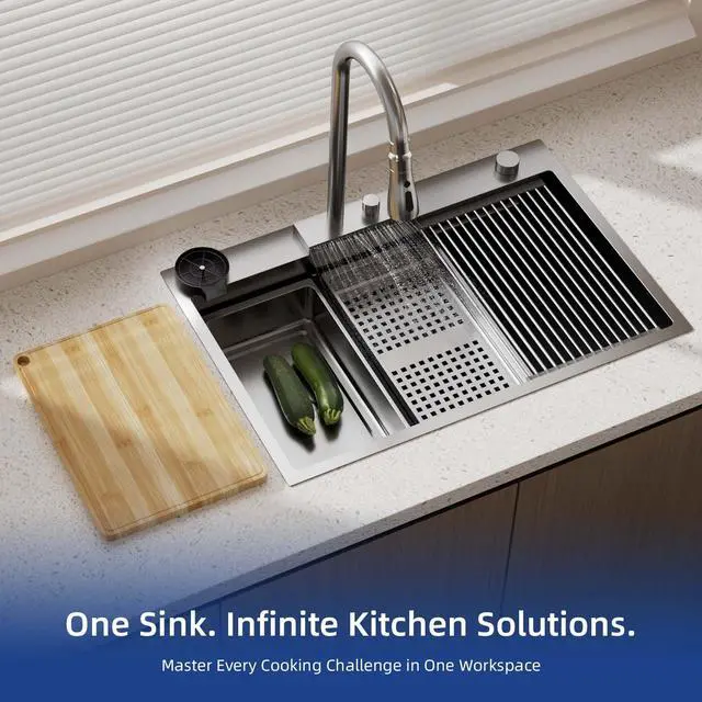 Alt view image 5 of 6 - 33 Inch Waterfall Kitchen Sink with Faucet, 33x22 Drop In Workstation Sink 18 Gauge Single Bowl Smart Basin with Cup Washer, Cutting Board & All Accessories, Right Drain, Stainless Steel