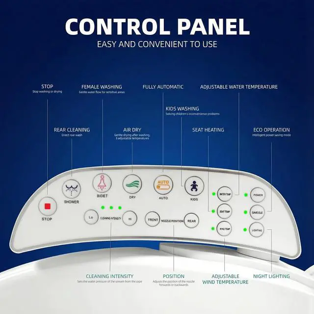 Alt view image 6 of 6 - Smart Heated Toilet Seat for Short V-Shaped Toilets Bidet Warm Water Wash, Self-Cleaning Nozzle, Warm Air Dryer, Deodorizer, Soft-Close Lid, LED Night Light & Touch Panel, Easy Install