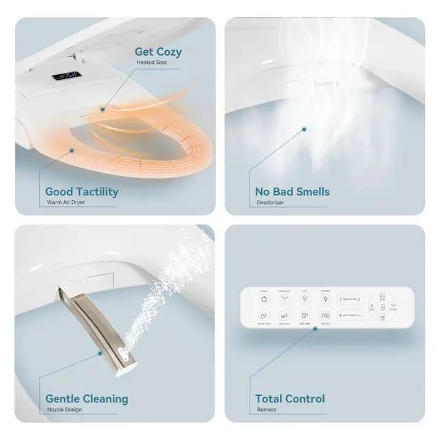 Alt view image 5 of 6 - Smart Heated Toilet Seat for Short V-Shaped Toilets Bidet Warm Water Wash, Self-Cleaning Nozzle, Warm Air Dryer, Deodorizer, Soft-Close Lid, LED Night Light & Remote Control, Easy Install