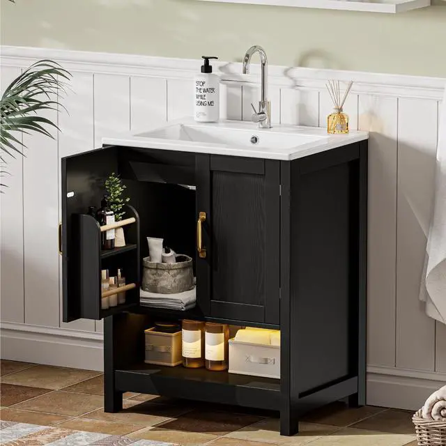Main image of 24 Inch Bathroom Vanity with Sink, Small Modern Bathroom Cabinet with LED Light, Bathroom Vanity Set, Double Soft Closing Cabinet Door with Organizer, Black