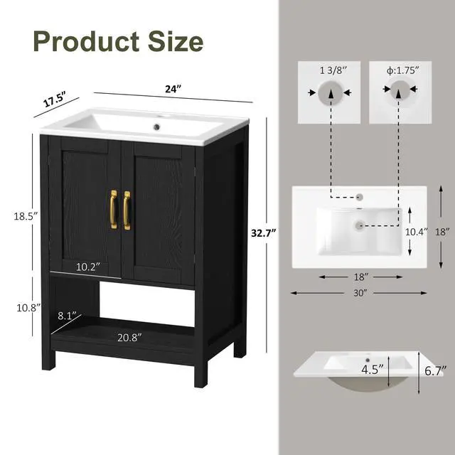Alt view image 2 of 6 - 24 Inch Bathroom Vanity with Sink, Small Modern Bathroom Cabinet with LED Light, Bathroom Vanity Set, Double Soft Closing Cabinet Door with Organizer, Black