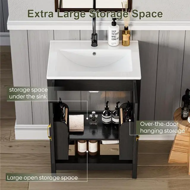 Alt view image 3 of 6 - 24 Inch Bathroom Vanity with Sink, Small Modern Bathroom Cabinet with LED Light, Bathroom Vanity Set, Double Soft Closing Cabinet Door with Organizer, Black