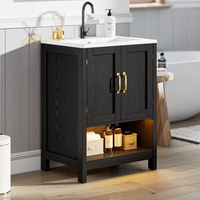 Alt view image 4 of 6 - 24 Inch Bathroom Vanity with Sink, Small Modern Bathroom Cabinet with LED Light, Bathroom Vanity Set, Double Soft Closing Cabinet Door with Organizer, Black