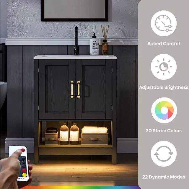Alt view image 6 of 6 - 24 Inch Bathroom Vanity with Sink, Small Modern Bathroom Cabinet with LED Light, Bathroom Vanity Set, Double Soft Closing Cabinet Door with Organizer, Black
