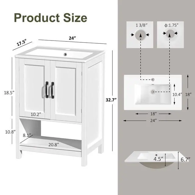 Alt view image 2 of 6 - 24 Inch Bathroom Vanity with Sink, Modern Bathroom Cabinet with LED Light, Bathroom Vanity Set, Double Soft Closing Cabinet Door with Organizer, White