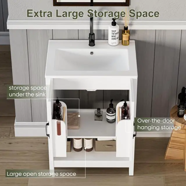 Alt view image 3 of 6 - 24 Inch Bathroom Vanity with Sink, Modern Bathroom Cabinet with LED Light, Bathroom Vanity Set, Double Soft Closing Cabinet Door with Organizer, White