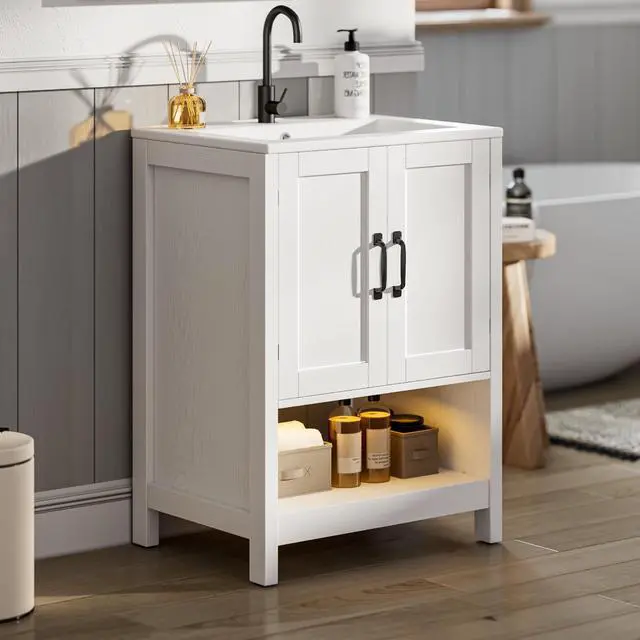 Alt view image 4 of 6 - 24 Inch Bathroom Vanity with Sink, Modern Bathroom Cabinet with LED Light, Bathroom Vanity Set, Double Soft Closing Cabinet Door with Organizer, White