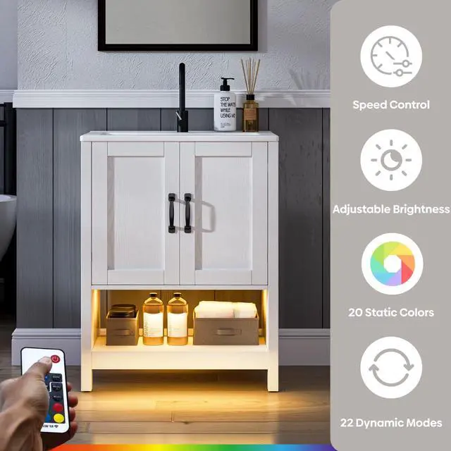 Alt view image 6 of 6 - 24 Inch Bathroom Vanity with Sink, Modern Bathroom Cabinet with LED Light, Bathroom Vanity Set, Double Soft Closing Cabinet Door with Organizer, White