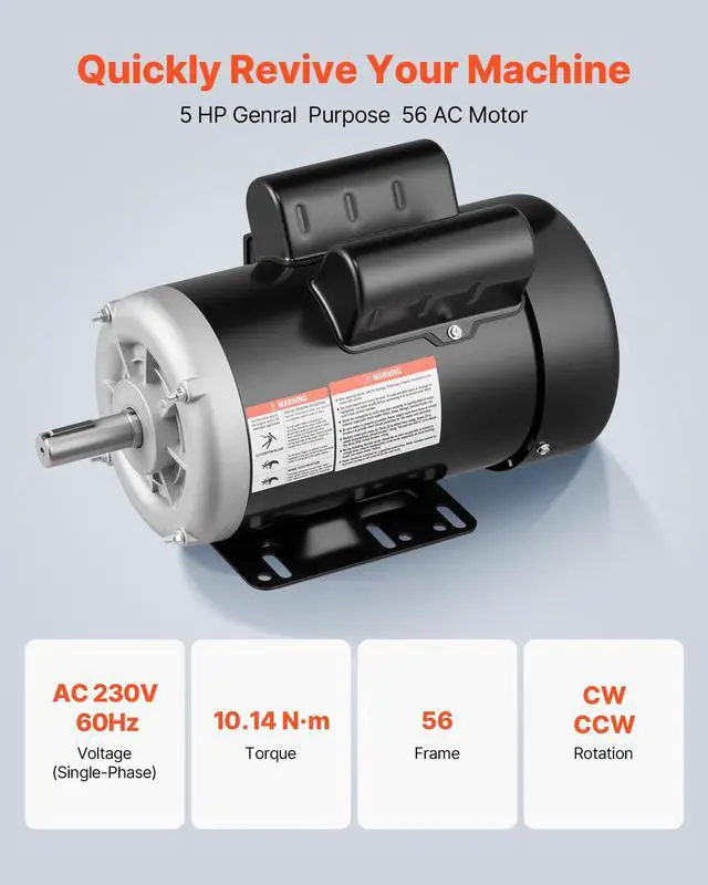 Alt view image 2 of 6 - 5 HP Electric Motor, 3450RPM Air Compressor Motor, CW/CCW Rotation, 0.875 inch Shaft Diameter, 2.25inch Shaft Length, 10.14N.m Torque, Single-Phase, 230V, TEFC Cooling