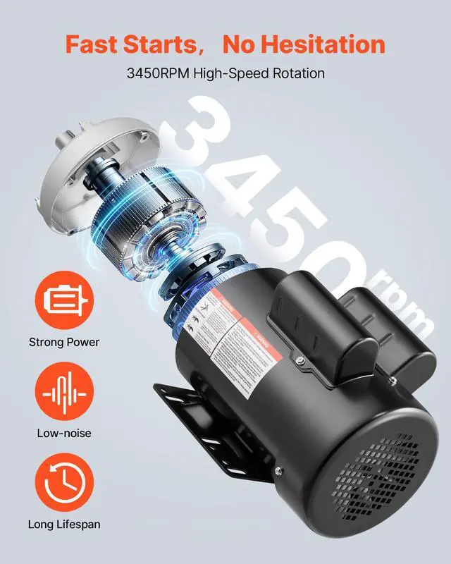 Alt view image 3 of 6 - 5 HP Electric Motor, 3450RPM Air Compressor Motor, CW/CCW Rotation, 0.875 inch Shaft Diameter, 2.25inch Shaft Length, 10.14N.m Torque, Single-Phase, 230V, TEFC Cooling