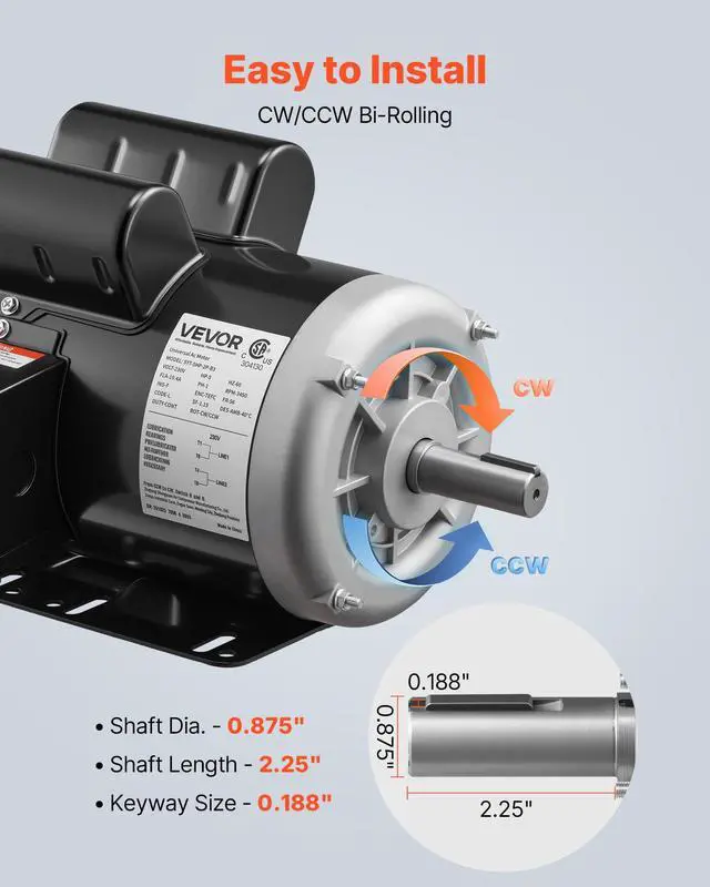Alt view image 4 of 6 - 5 HP Electric Motor, 3450RPM Air Compressor Motor, CW/CCW Rotation, 0.875 inch Shaft Diameter, 2.25inch Shaft Length, 10.14N.m Torque, Single-Phase, 230V, TEFC Cooling