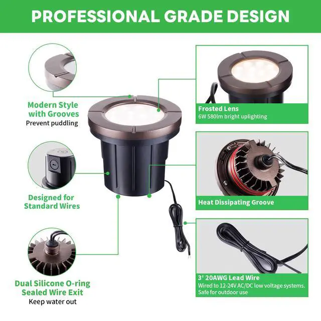 Alt view image 6 of 6 - Well Lights Low Voltage, 12V In Ground LED Landscape Lights, IP67 Waterproof Outdoor, Open Top Aluminum ORB for Garden Driveway 6W 580LM 12 Pack