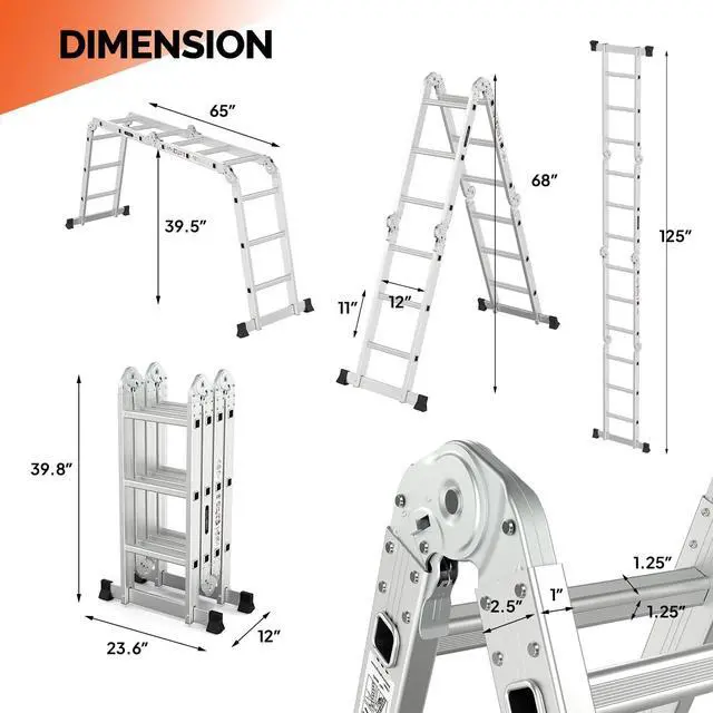 Alt view image 5 of 6 - 12.5 FT Folding Ladder, Multi-Purpose Ladder, Aluminum Extension Ladders 7 in 1 Heavy Duty Combination EN 131 Standard