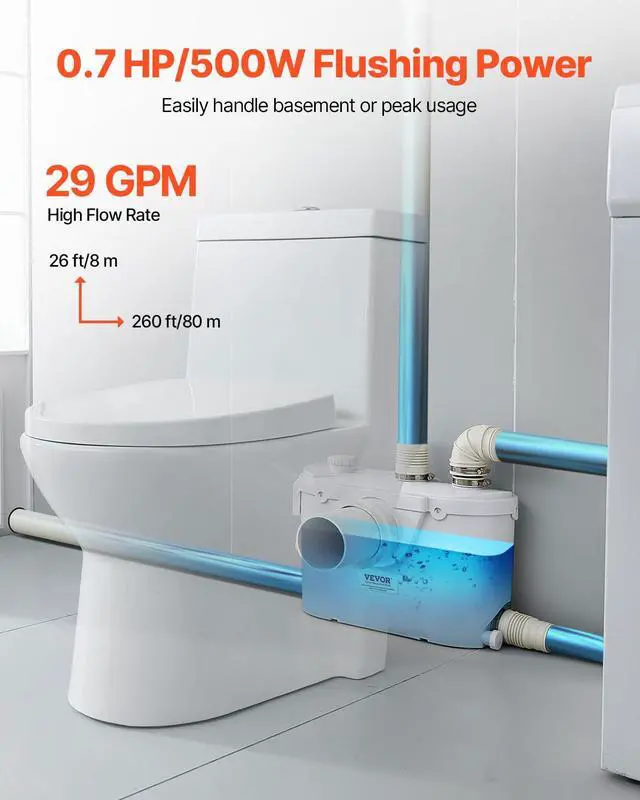 Alt view image 2 of 6 - 500W Macerator Pump, 29 GPM Flow, 26 ft/8 m Head, Macerator Sewerage Toilet Pump with 4 Water Inlets, Waste Water Disposal Upflush Machine for Toilet, Basement, Shower, Sink, Laundry, Bathtub